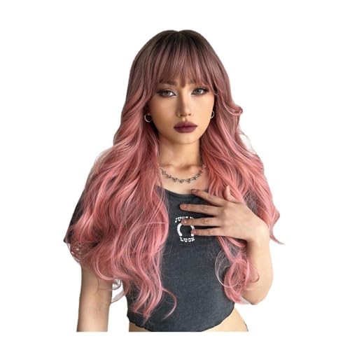 Perruques Cheveux Humains et fibres synthétiques bouclées rose femme