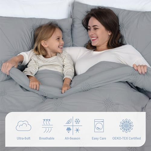 Image of Swift Home Full /Queen Gray Comforter Set - Ruched 3D Floral Pintuck Bedding Set - 3 Pieces Bed Linen, 1 Comforter and 2 Pillow Shams