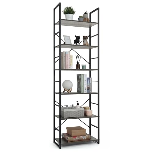 Image of CAPHAUS 6 Tier Bookshelf, 24 Inch Width Free Standing Shelf, Bookcase Shelf Storage Organizer, Industrial Book Shelves for Home Office, Living Room, Kitchen, Dark Grey Vintage Shelves & Metal Frame