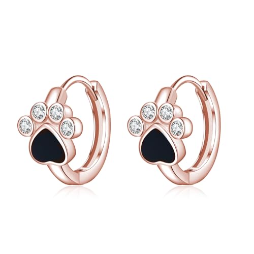 SLUYNZ Sterling Silver CZ Paw Earrings Hoop for Women Teens Cat Dog Paw Print Earrings Small Paw Hoop Earrings Huggie Black Heart Hoop Earrings Love