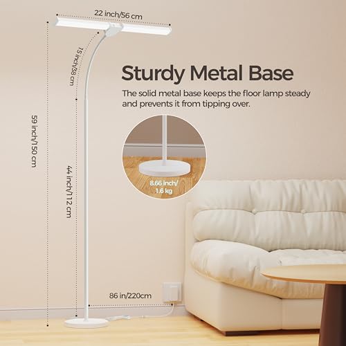 Image of LED Floor Lamp for Living Room, Bright Reading Lamps for Office | 5 Adjustable Colors Temperatures&Brightness, Dual Head Goose Neck Standing Lamp, Remote Control, Eye-Caring Tall Lamp, White