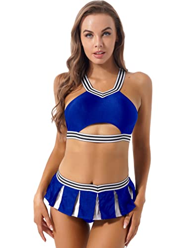 renvena Damen Cheer Leader Kostüm Cheerleading Cosplay Uniform Bauchfrei Crop Top BH mit Minirock Karneval Fasching Party Tanz Kostüme Königsblau L Cover