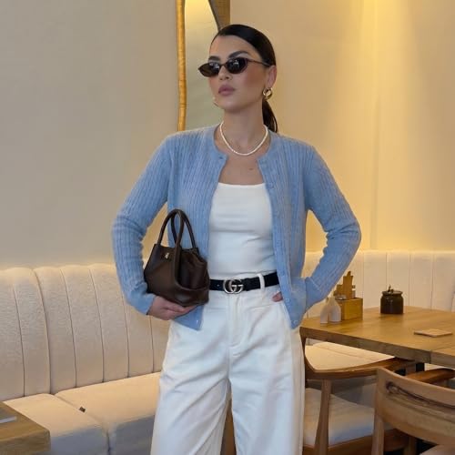 Image of GOELIA Women Wool Blend Lightweight Cardigan Sweaters 2026 Spring Business Casual Solid Long Sleeve Knitted Cardigan Top