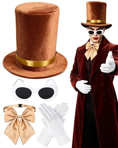 Donetuer Brown Top Hat Halloween Costume Include Velvet Top Hat Sunglasses Bowtie and Gloves for Men Women Party Costume