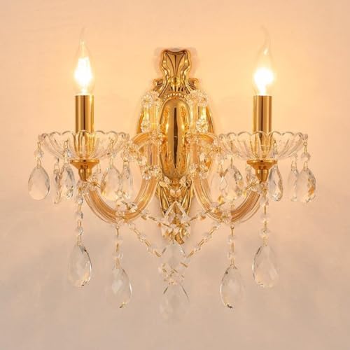 Image of YLONG-ZS Gold Traditional Crystal Wall Sconce, 2-Light Candle Style Vanity Lamp, Ornate Metal Frame with Glass Trim Strips, Hardwired Vintage Fixture for Bathroom Bedroom, E12 Base