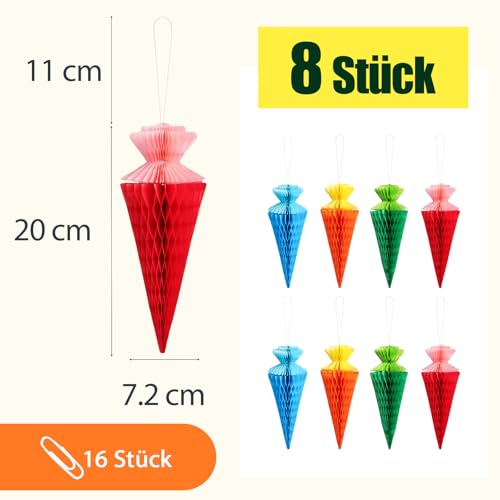 BETESSIN Einschulung Deko Bunt - 8 Stück Zuckertüten aus Seidenpapier - Schultüte Deko - Hängende Dekoration für Schuleinführung, Schulanfang, Einschulung Mädchen & Jungen UVM.