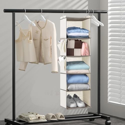 Cozary Organizer Armadio Da Appendere 5 Ripiani, Organizzatore Armadio Pieghevole, Organizer Da Appendere Con Ganci In Metallo, Per Camera Da Letto- Beige - 2