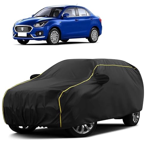 Image of Sulfar 100% Water Resistant Car Body Cover Compatible with Mirror for Maruti Suzuki Swift Dzire (Triple Stitched, Full Bottom Elastic, Black Taffeta with Yellow Piping)