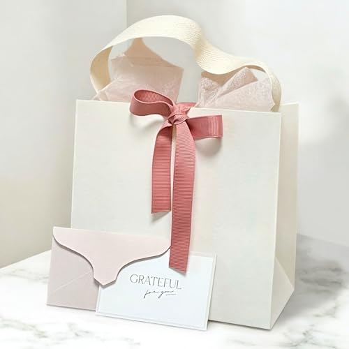 Luxury Gift Bag Packaging Set with Ribbon, Mini Card & Envelope, Sheer Wrapping Sheet – Natural Bamboo Pulp, Cotton Handle – Dusty Rose Pink & Ivory – Premium Gift Bag Box for Jewelry, Favors & Gifts, Special Occasions (4 Sets)