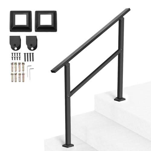 VEVOR Outdoor Handrails for Steps, 2-3 Step Stair Rail Kit, Black Square Tube with Horizontal Bar, Carbon Steel Support Rails for Seniors, Concrete & Deck Stairs, Easy Installation