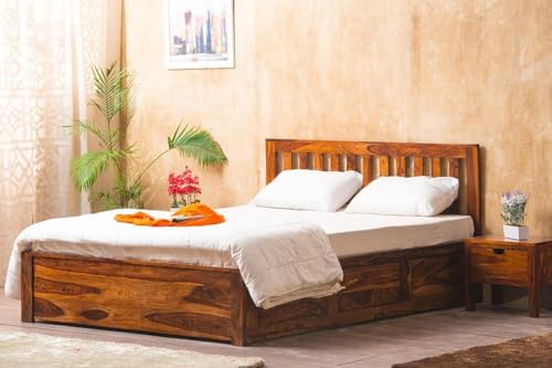 Image of Solid Sheesham Wood King Size Bed with Box Storage for Bedroom Living Room Home Hotel | Wooden Double Bed Cot Palang Furniture (Honey Finish) -1 Year Warranty