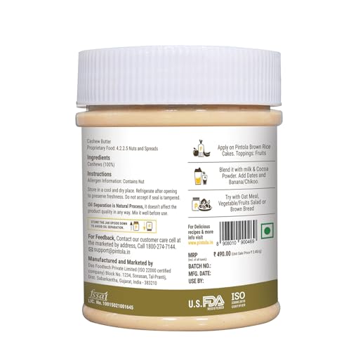 Image of Pintola Cashew Butter 350g - All Natural Vegan Cashew Butter, Gluten Free & Cholesterol Free, Unsweetened for Bread Spreads, Made with Fresh Cashews, Source of Fiber & Protein (Pack of 3)