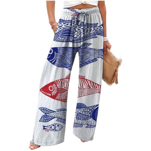 Women's Sardine Graphic Palazzo Pants Elastic Wide Leg High Waisted Vacation Baggy Boho Pants with Pockets