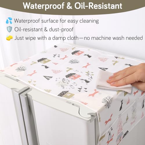 Image of HOKIPO Large Fridge Cover Top | For Bigger Double Door Refrigerator | Waterproof, Printed with 6 Side Pockets, Size Large 180x62 cm, Woodland Village (AR-5876-D4)