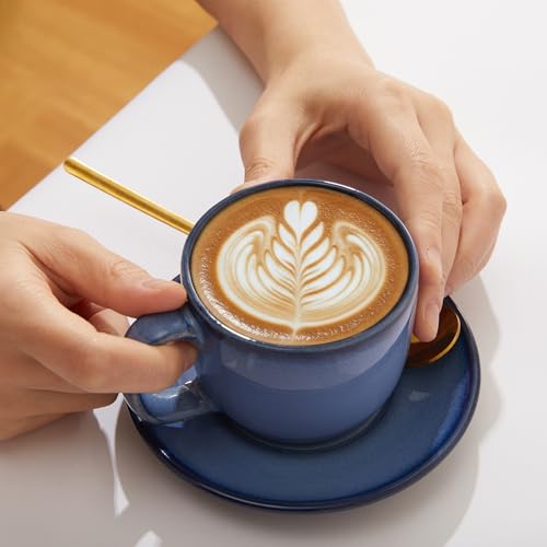 Pokini Stoneware Coffee Cups with Saucers, 6 Oz Cappuccino Cups Set of 4, Microwave & Dishwasher Safe, Perfect For Tea, Espresso, Latte, Ceramic Mugs for Kitchen or Cafe, Light Blue — view 5
