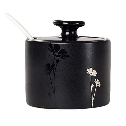 DoDola Japanese Style Ceramic Floral Sugar Bowl with Lid and Spoon 10 Ounces