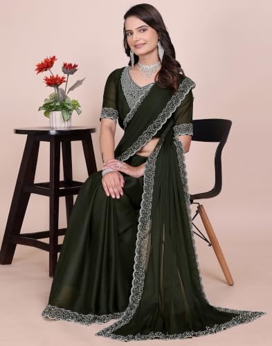 Image of SIRIL Women's Georgette Hot Fixing Stone Work Saree with Unstitched Blouse Piece