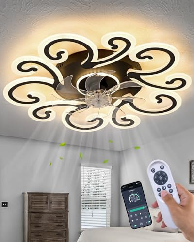 Rjieoc Remote-Controlled Ceiling Fan with Light, Modern Ceiling Fan with Lighting, Stepless Dimming with Color Temperature Adjustment, 6-Speed Settings, Suitable for Bedrooms and Living Rooms (Black) - image 1