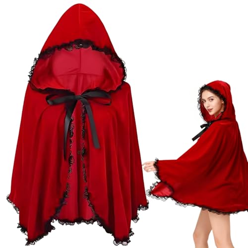 JrnSvp Capa roja, disfraz de carnaval, adorno de encaje, capa con capucha, disfraz de carnaval para niñas y mujeres, capa roja, disfraz para carnaval, cosplay, fiesta de Halloween