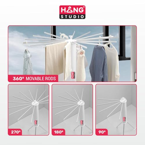 Image of HANG STUDIO Foldable Clothes Dryer Stand Racks for Drying - Multi Way Folding & Rotatable - Lightweight Heavy Duty Aluminium Rails - (White, 3.9 Feet Length, 16 Rods, Large)