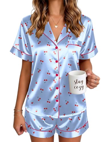 Image of Ekouaer Satin Pajamas for Women Silk Pjs Short Set 2 Piece Lounge Sets