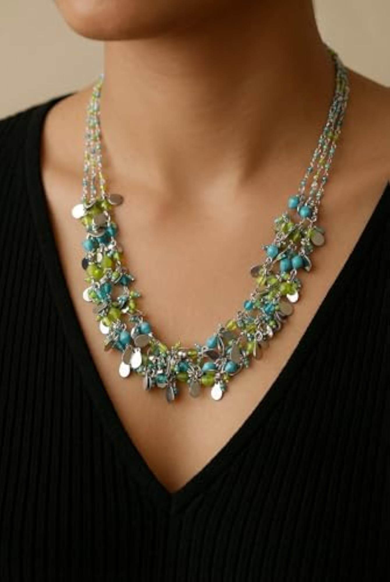 Multi-Strand Beaded Necklace with Turquoise and Green Accents