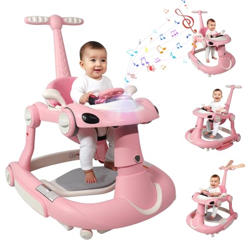Image of Baby Walker, 4-in-1 Baby Walker with Wheels Portable, Foldable Infant Toddler Walker for Boys Girls 6-18 Month,Removable Footrest,Car Steering Wheel & Music, Adjustable Push Walker Pink
