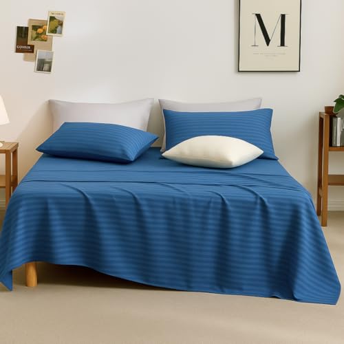 Image of Sofrito Bed Sheet Glace Cotton Striped - 300 TC - Double (90 inchx100 inch) - with 2 Pillow Cover | Ideal for Hospitals, Clinics, Hostels, PGs, Hotels & Guest Houses | Bahama Blue