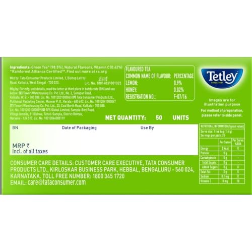 Image of Tetley Lemon & Honey Flavored Green Tea, Immune with Added Vitamin C, 50 Tea Bags (1.4g Each)