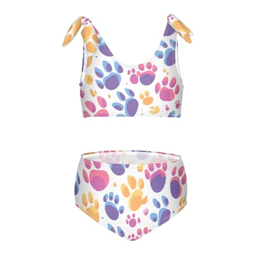 Cute Paws Print Colorful Girls' 2 Piece Kids Bikini Set Scoop Neck Swimsuit Swimwear Adjustable Strap