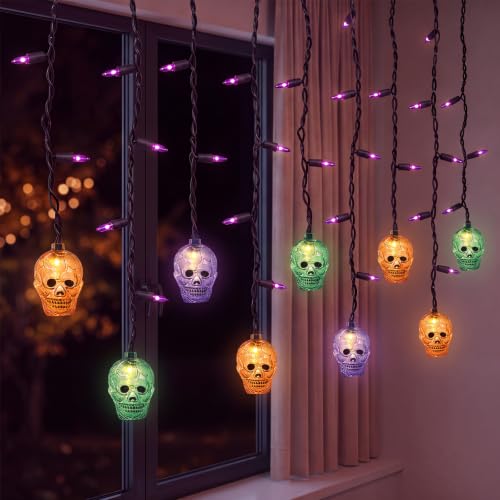SUNSGNE 7FT 50 Count LED Halloween Skull Curtain Lights, Plug-in $13.22 AC - image 1