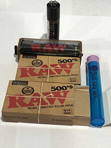 RAW 500's Classic Natural Unrefined Rolling Paper 1 1/4 2 Packs Plus Raw 2-Way Roller 79MM,Raw Black Clipper and Small DooBtube.