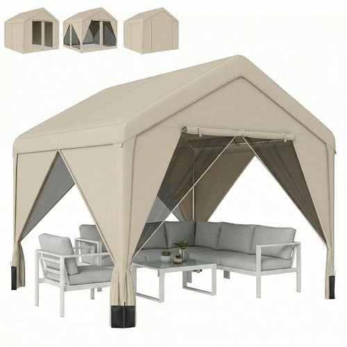 Image of Outsunny 3 x 3 m Patio Gazebo, Outdoor Gazebo Canopy Shelter with Netting and Curtains, Pitched Roof, Galvanised Steel Metal Frame for Garden, Lawn, Backyard, Deck, Khaki