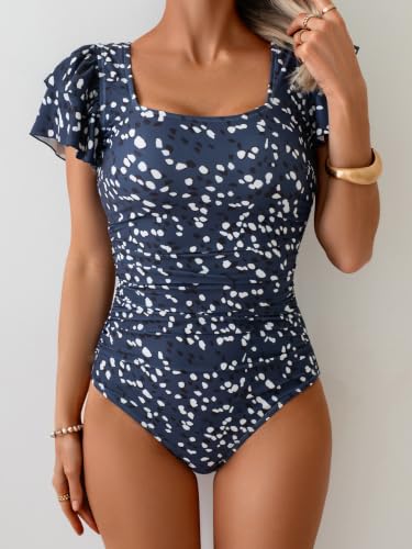 Image of Eomenie Women's Tummy Control One Piece Swimsuit Ruffle Square Neck Bathing Suit Ruched Cutout Back Slimming Swimwear