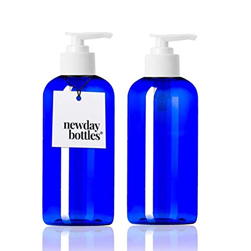 Newday Bottles, 12oz Empty Refillable Plastic Bottles with Lotion Pump Dispenser BPA-Free Made in USA (Blue, Pack of 2)
