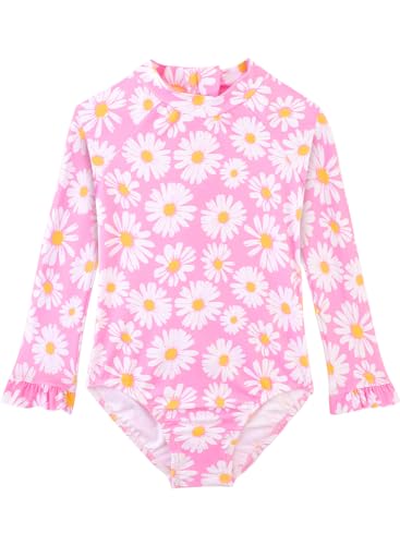 Image of Alakuoti Long Sleeve One Piece Ruffle Swimsuit for Toddler Girls Baby Girl Rashguard Shirt with UPF 50+ Sun Protection
