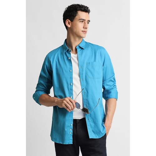 Image of Peter England Men's Slim Fit Full Sleeve Casual Shirt in Twill Weave Cotton