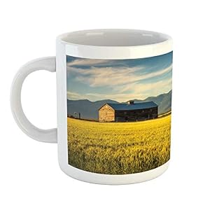 Lunarable Farmhouse Mug Summer Sunset with an Old Barn and a Rye Field in Rural Montana USA Ceramic Coffee Mug Cup for Water Tea Drinks 11 oz Mustard Yellow