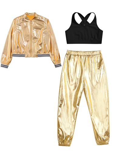 Kids Girls Metallic Hip Hop Jazz Dance Outfit Sparkly Bomber Jacket Crossback Vest and Pants Streetwear3