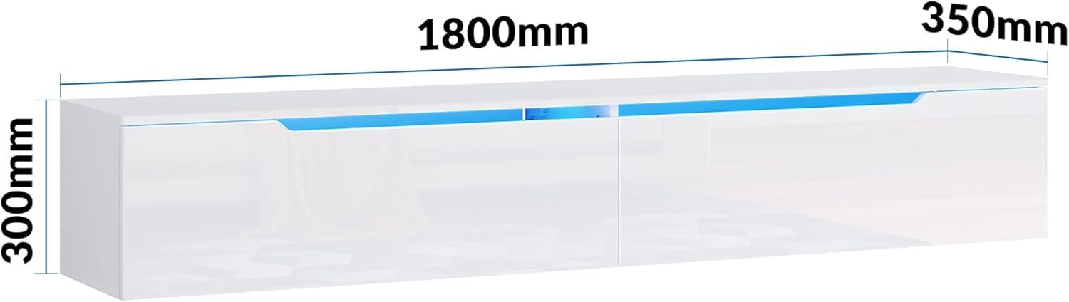 SONNI TV Schank, Lowboard Weiß Hochglanz hängend 180x35x30cm mit LED-Beleuchtung(12 Farben können eingestellt werden), Griffloses Design, TV Board, Fernseherschank, Fernsehtisch, TV-Regal. GTV009W-180