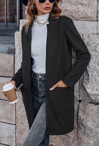 CHARTOU Women Winter Open Front Long Blazer Jacket Herringbone Wool Blend Business Casual Work Pea Coat4