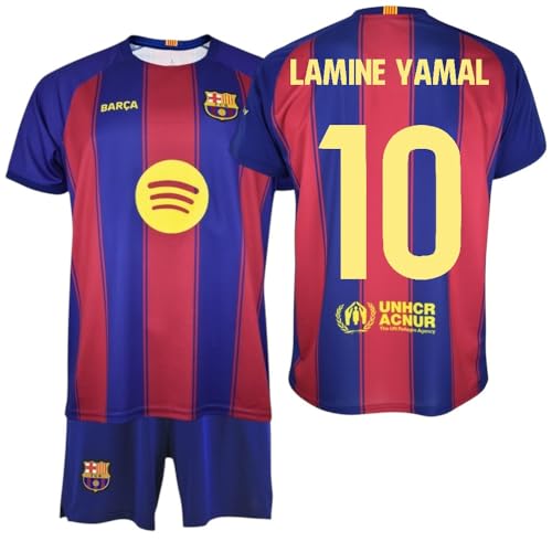 F.C. Barcelona - Kit Infantil 25/26 | Camiseta + Pantalón | Diseño Oficial Lamine Yamal Nº10 | Escudo y Logos Serigrafiados | Tejido Transpirable (FR/ES, Edad, 12 años, Regular, Rojo y Azul)