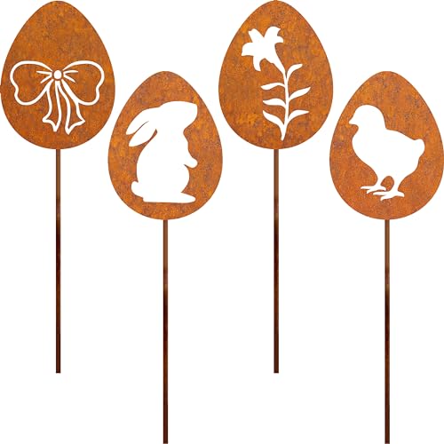 JYUECIAN Ostereier Gartenstecker 4er Ostern Rost Deko Gartendeko für Draußen, Edelrost Metall...