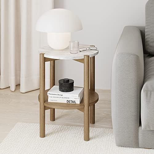 Nathan James 35101 Tucker Round Accent Small Side Table, Sofa End Table with Faux Marble Tabletop for Living Room, Bedroom and Nursery, Light Brown Wood/White