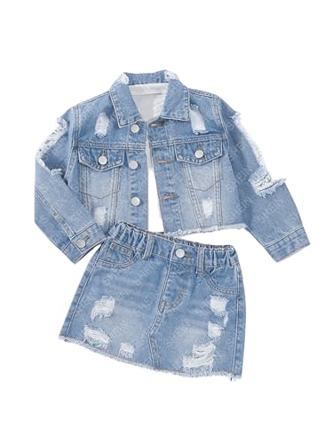 Image of WDIRARA Girl's 2 Piece Outfit Ripped Button Front Long Sleeve Denim Jackets and Mini Skirts Set