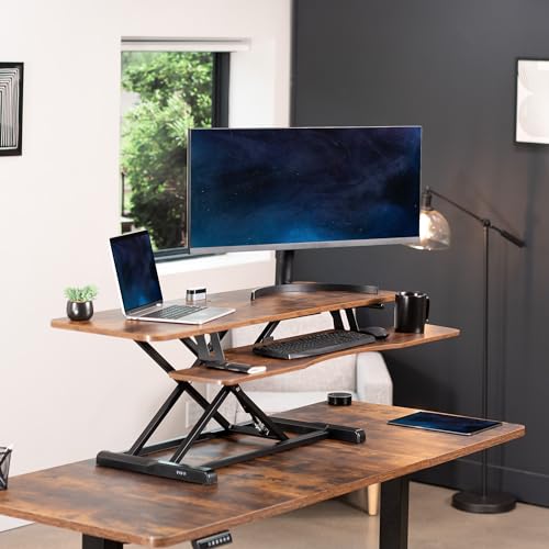 Image of VIVO 48 inch Desk Converter, K Series, Height Adjustable Sit to Stand Riser, Dual Monitor and Laptop Workstation with Wide Keyboard Tray, Rustic Vintage Brown Top, Black Frame, DESK-V048KN