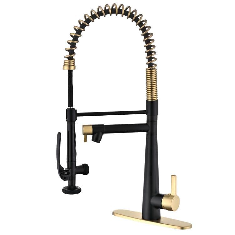 Kitchen Faucet, Solid Brass Black + Brushed Gold Kitchen Faucet, Heavy Duty Spring Pre-Rinse Single Handle Kitchen Faucets with Pull Down Sprayer and Pot Filler, Commercial Style Sink Faucet
