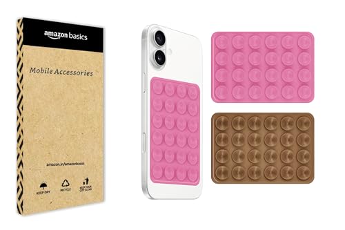 Image of amazon basics Suction Phone Case Anti-Slip Silicone Multipurpose Hands-Free Sticky Pads for Phone Case Mount for Selfies Videos Mirror Shower Car Dashboard - Pink&Brown (Pack of 2)
