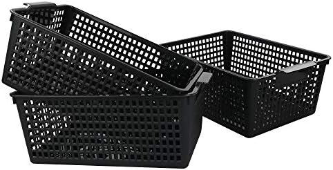 Yarebest Large Plastic Storage Basket Box, Cupboard Storage Baskets, 3-Pack (Black)