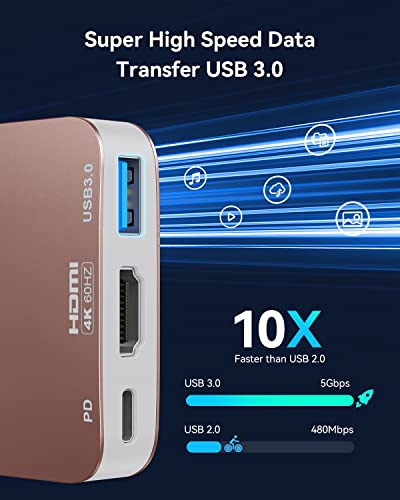 Image of vilcome USB C to HDMI Adapter【4K@60HZ】, HDMI to USB C Adapter Multiport with USB Type C PD & USB 3.0 Port, Compatible for MacBook Pro /Air, iPad Pro /Air, Dell XPS, iPhone 15 Pro /Max, Android (Rose)